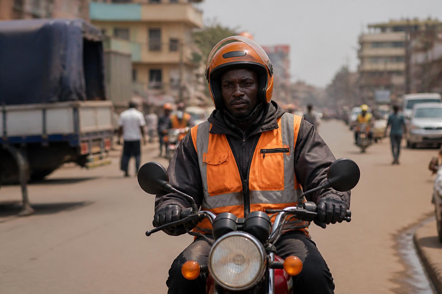 A boda boda rider on a Kampala street during the working day