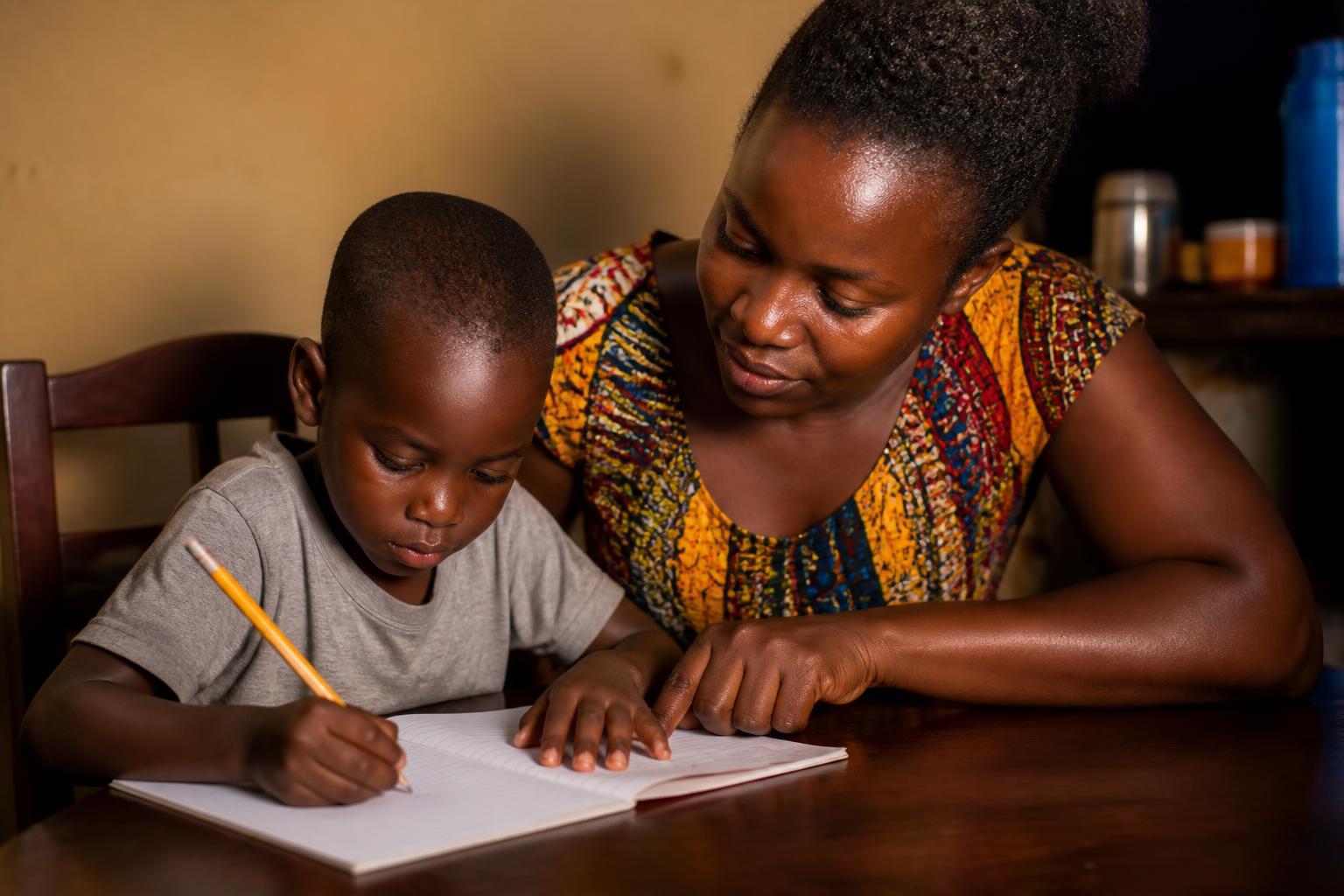 A Ugandan mother sitting beside her son at the table, helping him with his homework in the evening