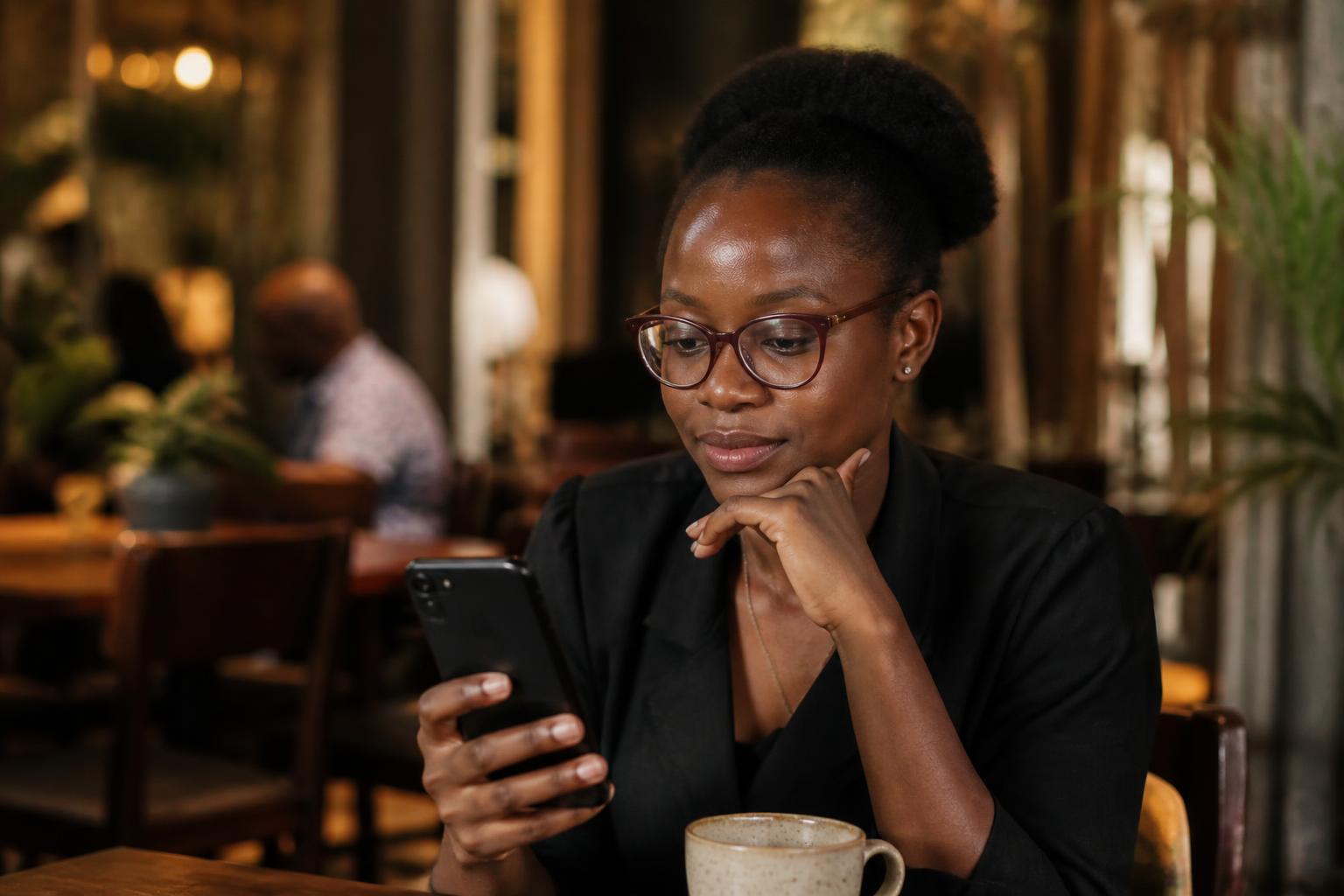 A young Ugandan professional checking her loan balances on her phone in a café